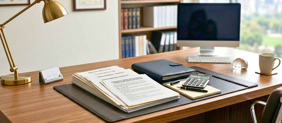 Organized legal documents and calculator on desk showing urgent Medicaid planning.