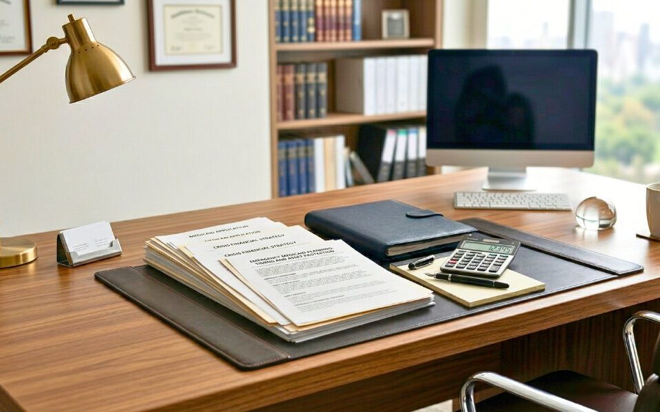Organized legal documents and calculator on desk showing urgent Medicaid planning.