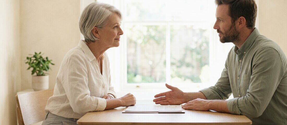 Woman and elder law attorney reviewing Medicaid documents at a bright naturally lit home office table.