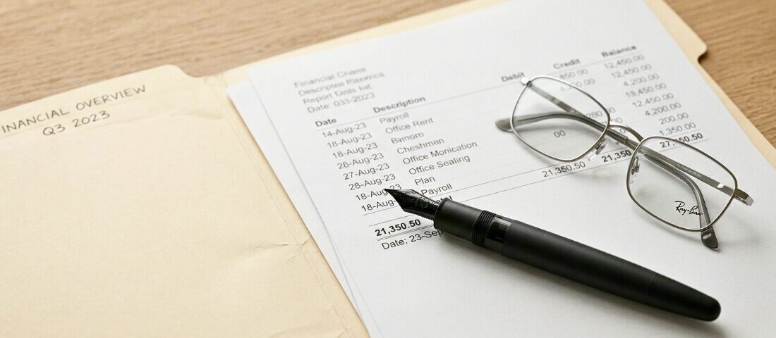Open financial folder with fountain pen and reading glasses on a white desk in soft natural light.