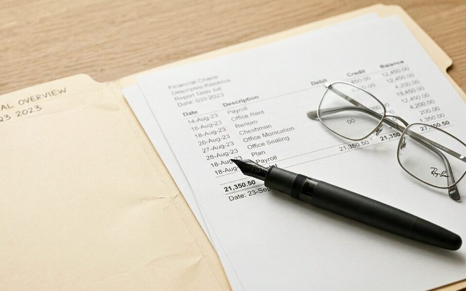 Open financial folder with fountain pen and reading glasses on a white desk in soft natural light.