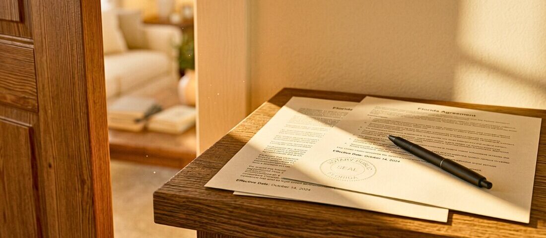 Three legal documents and a pen on a console table beside a softly lit Florida home interior doorway.