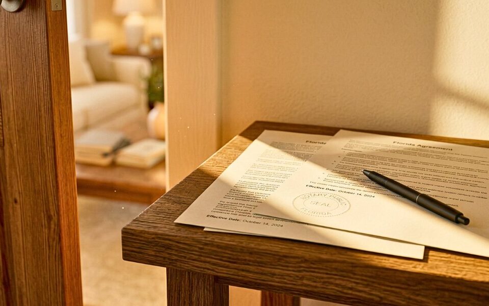 Three legal documents and a pen on a console table beside a softly lit Florida home interior doorway.