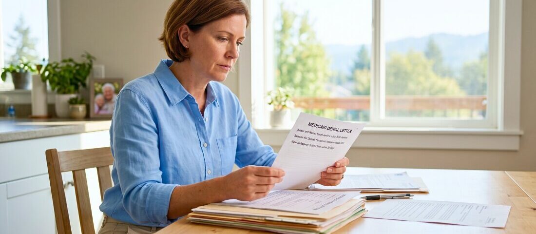 Family member reviewing Medicaid appeal documents at a sunlit table.