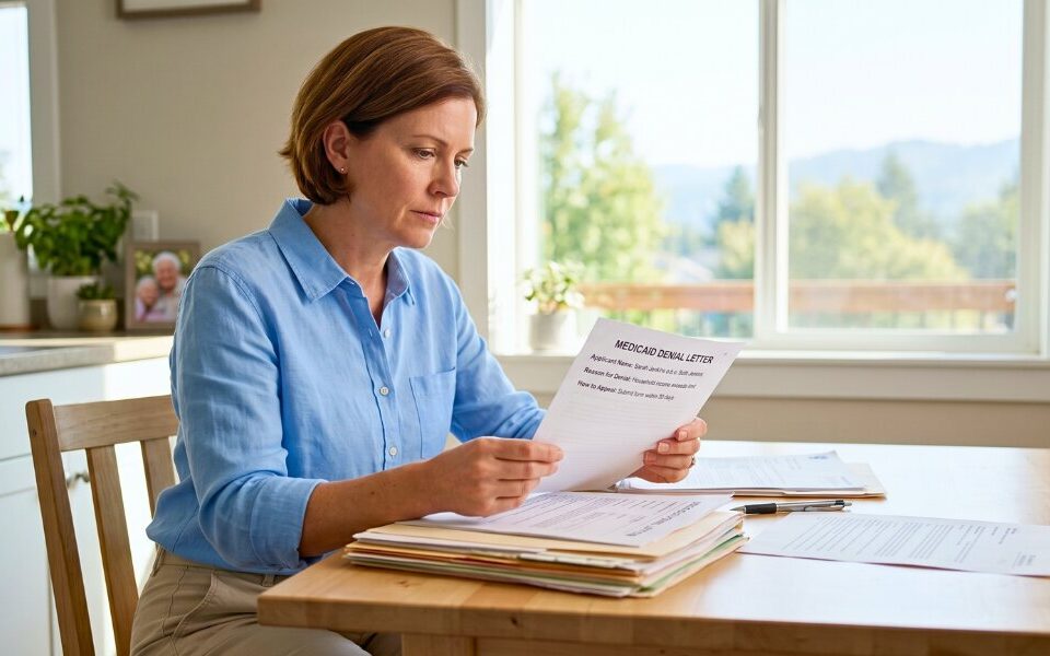 Family member reviewing Medicaid appeal documents at a sunlit table.