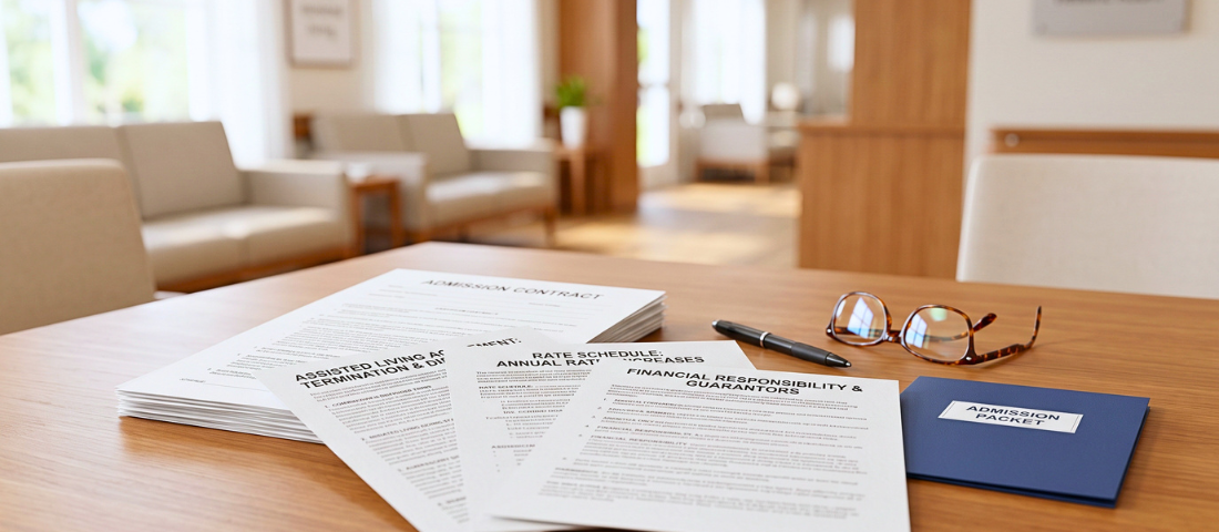 Assisted living admission paperwork on a consultation table in Florida