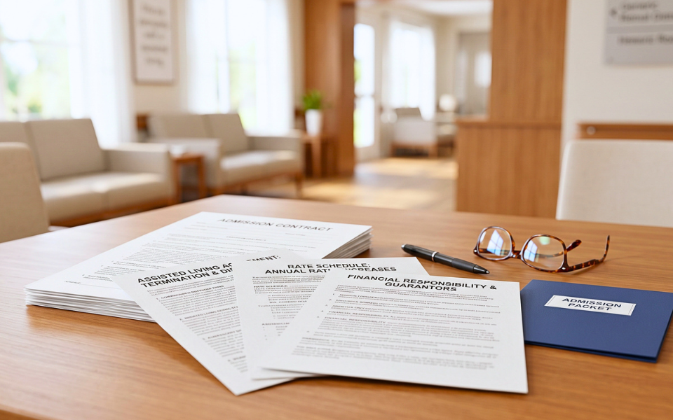 Assisted living admission paperwork on a consultation table in Florida