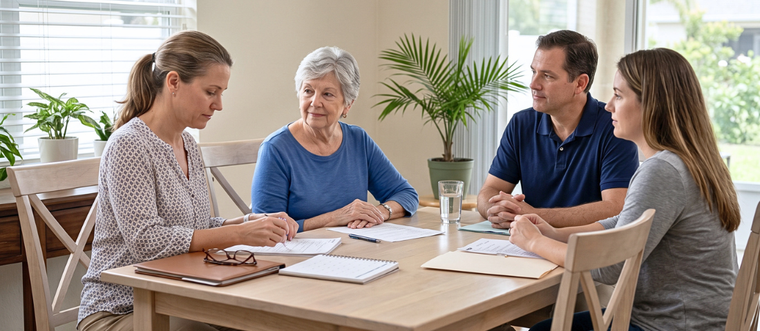 Florida family discussing caregiving plans with an aging parent at home