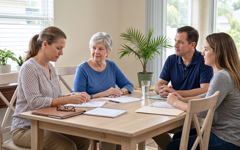 Florida family discussing caregiving plans with an aging parent at home