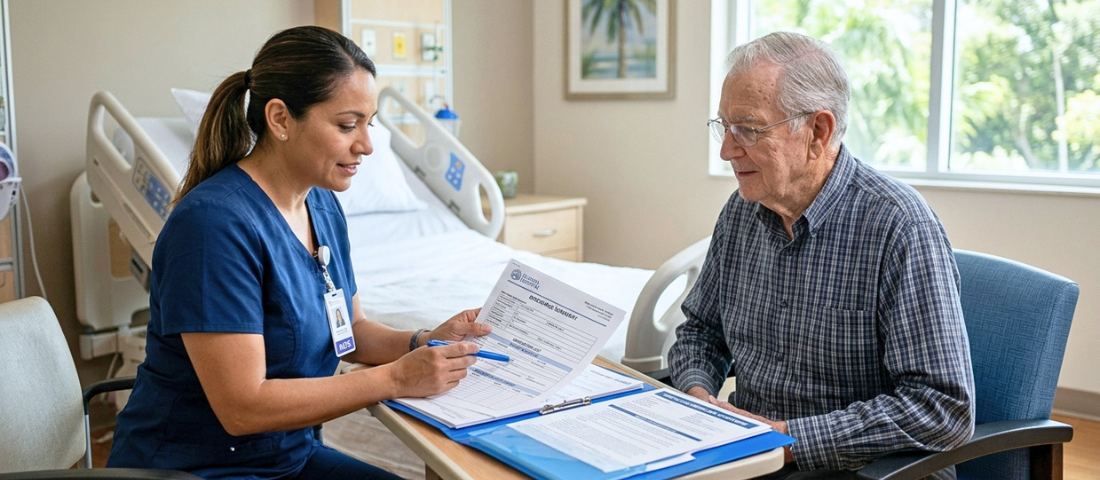 Elder parent reviewing hospital discharge paperwork with a skilled nurse in Florida