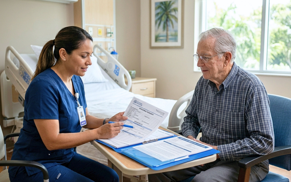 Elder parent reviewing hospital discharge paperwork with a skilled nurse in Florida