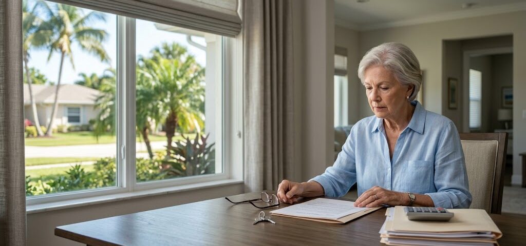 Elderly parent reviewing property deed documents beside a house key at home