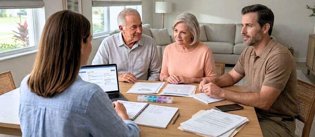 ult children and parents reviewing a coordinated care plan at home