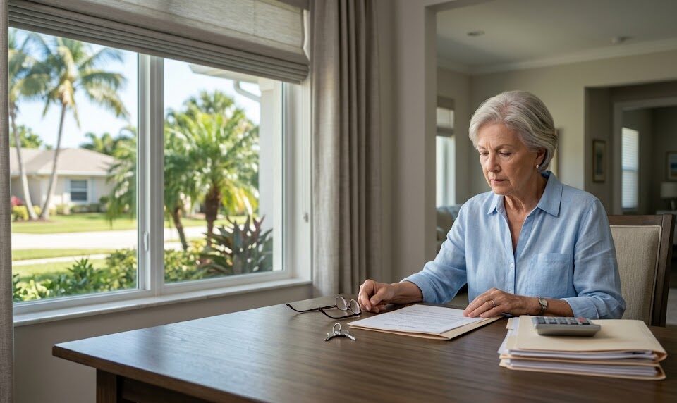 Elderly parent reviewing property deed documents beside a house key at home