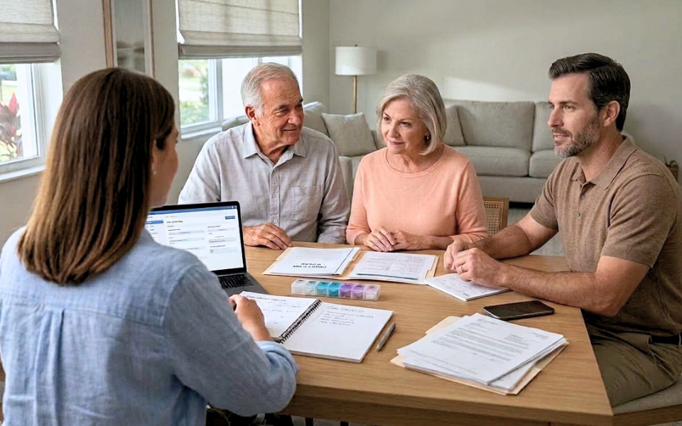 ult children and parents reviewing a coordinated care plan at home